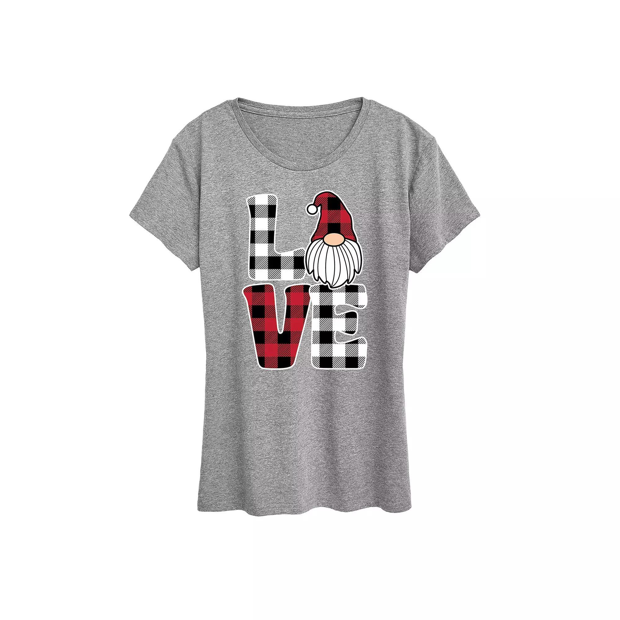 Womens Love Gnome Plaid Graphic Tee Grey Gray Product Image