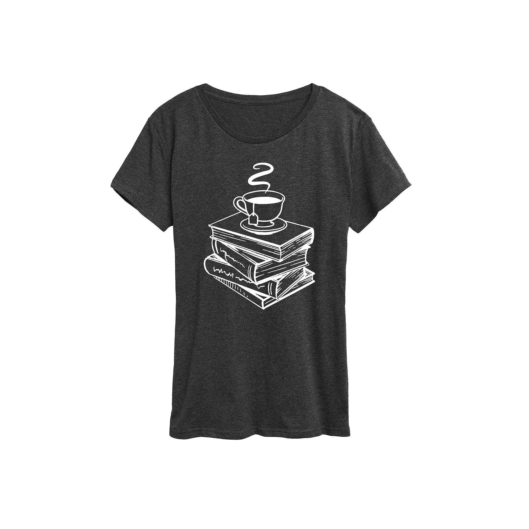 Womens Tea And Stacked Books Graphic Tee, Girls Grey Blue Product Image