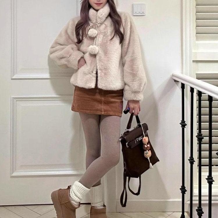 Collared Plain Pom Pom Fluffy Tie Front Jacket Product Image