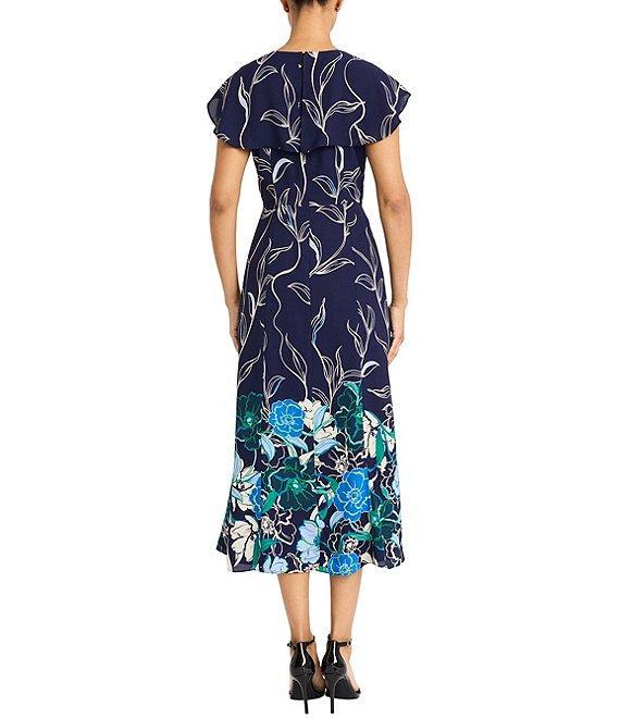 Maggy London Printed Georgette Crew Neck Short Sleeve Back Ruffle A-Line Dress Product Image