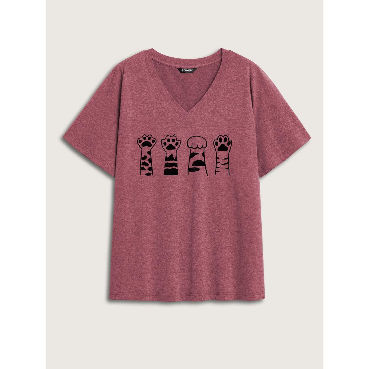 Plus Size Hey Cat V-Neck Solid T-Shirt Plum Women Non Animals V-neck Everyday-Casual T-shirts BloomChic 28/5X Product Image