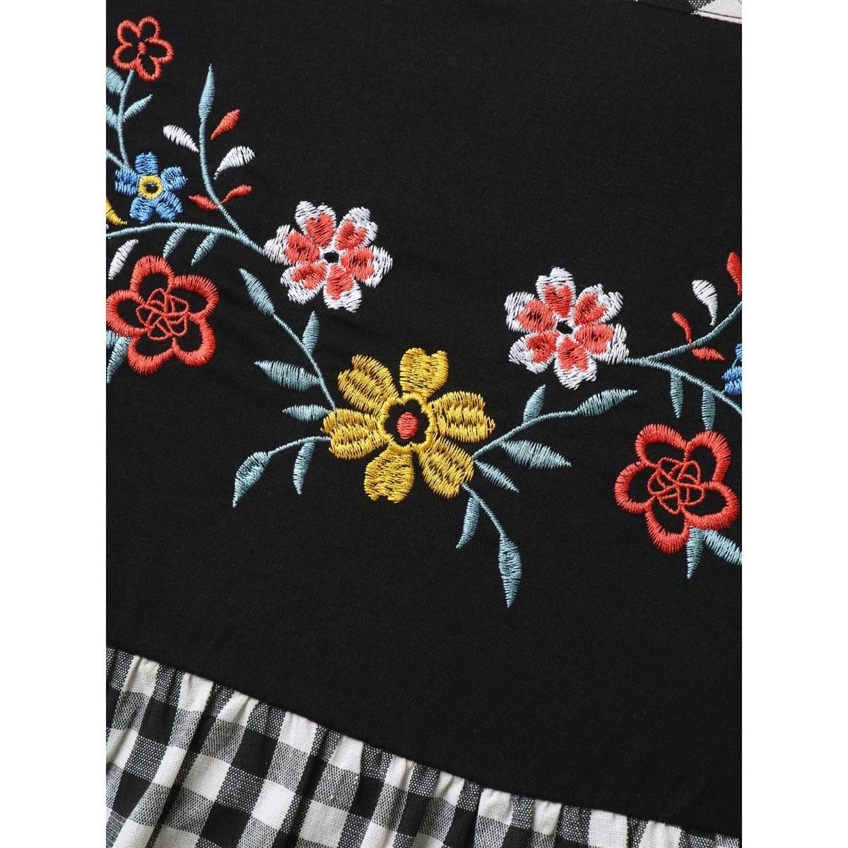 Plus Size Floral Embroidered Plaid Shirred Tank Top Women Black Gathered Non Vacation Tank Tops Camis BloomChic 12/L Product Image