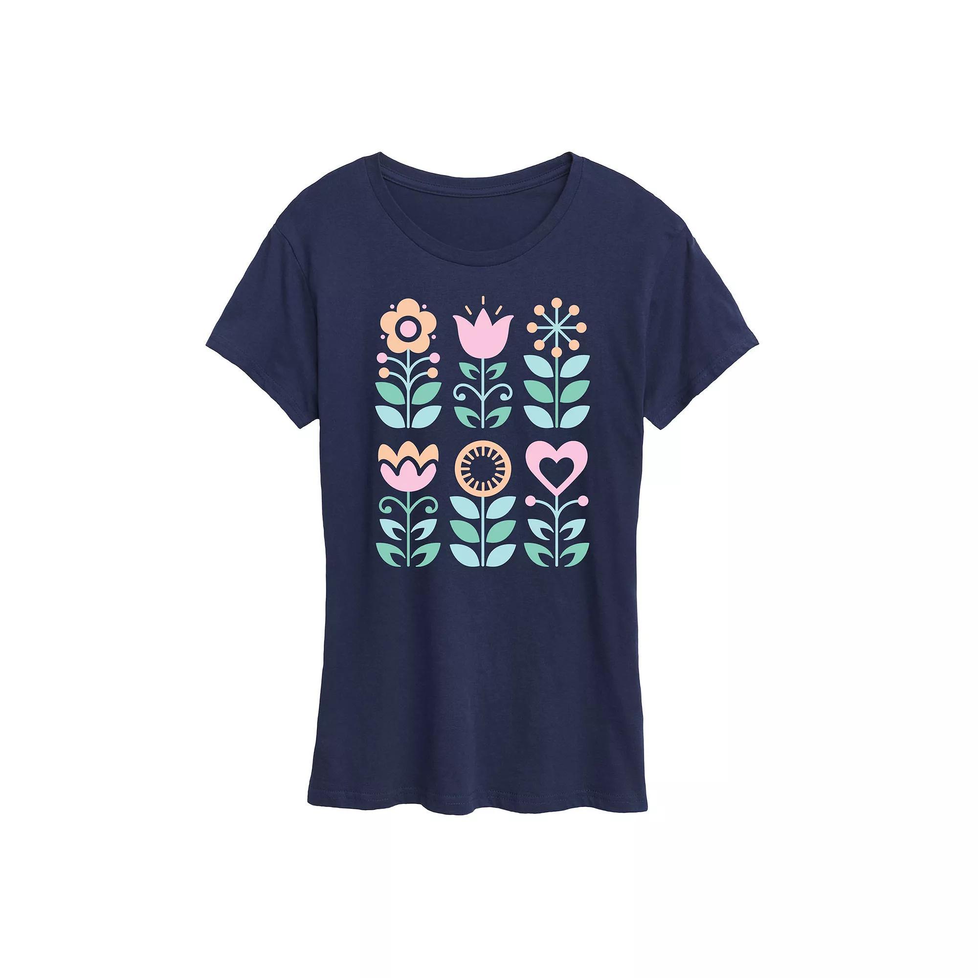Womens Scandinavian Flowers Oversized Tee Grey Royal Blue Product Image