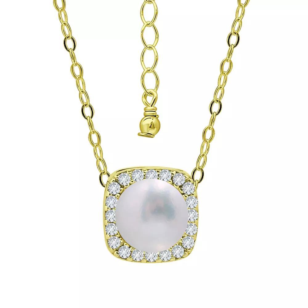 Aleure Precioso Sterling Silver Cubic Zirconia & Freshwater Cultured Pearl Square Pendant Necklace, Women's, Size: 18", Gold Tone Product Image