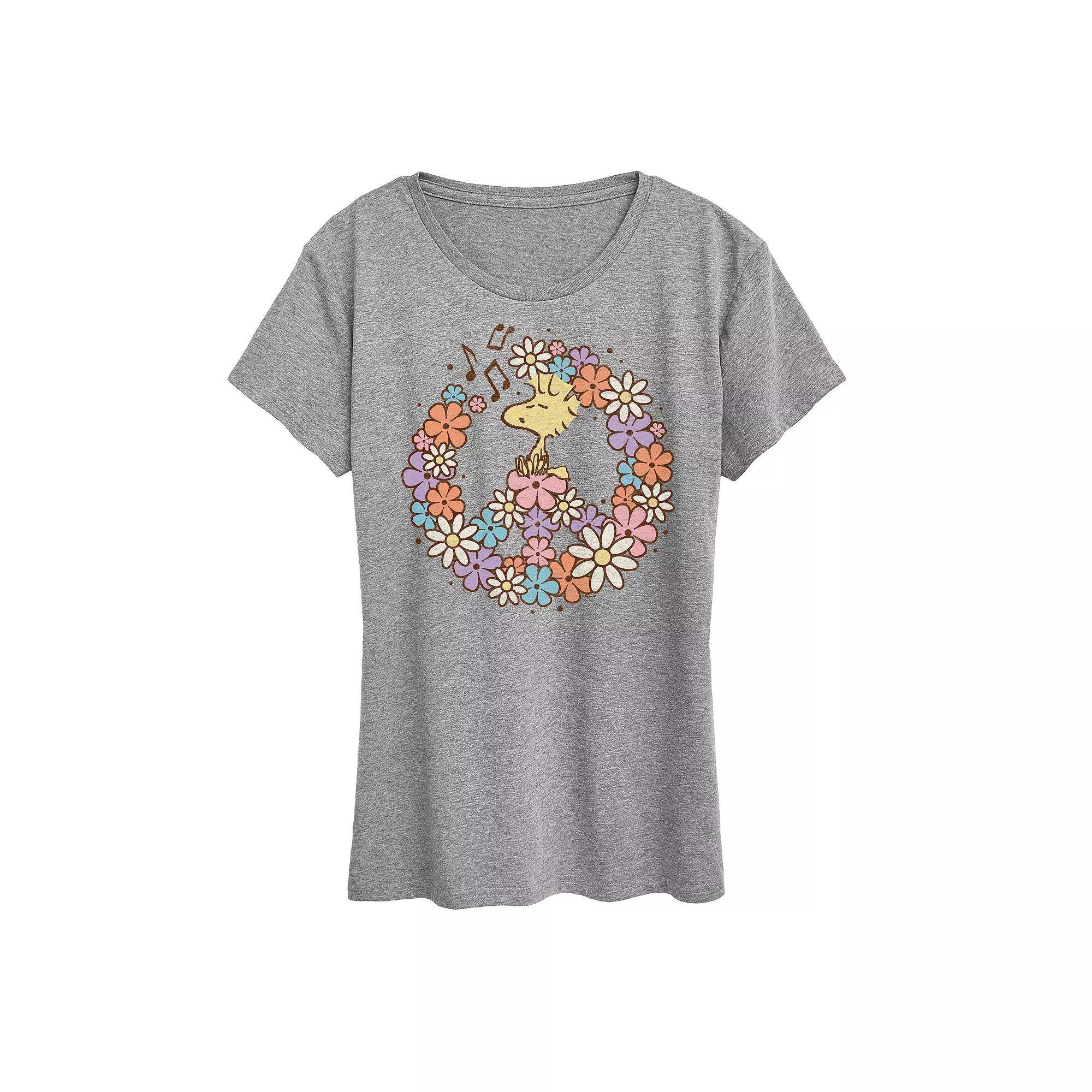 Womens Peanuts Woodstock Floral Peace Sign Graphic Tee Grey Gray Product Image
