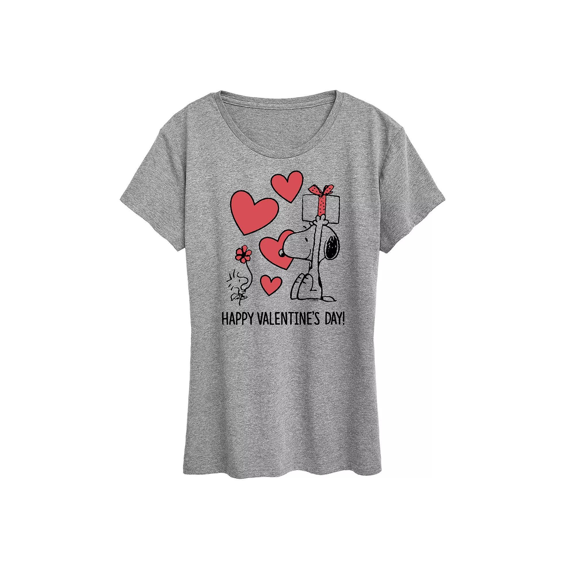 Women's Peanuts Snoopy & Woodstock Happy Valentine's Day Graphic Tee, Size: Medium, Grey Gray Product Image