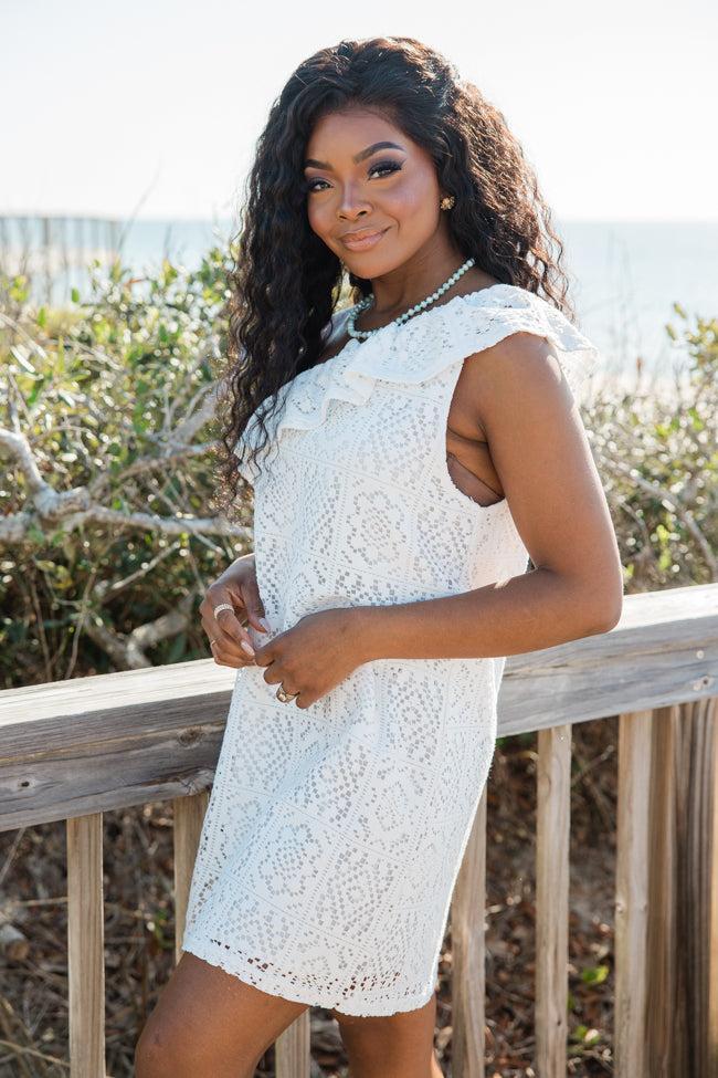 Where Memories Are Made White Crochet One Shoulder Dress SALE Product Image