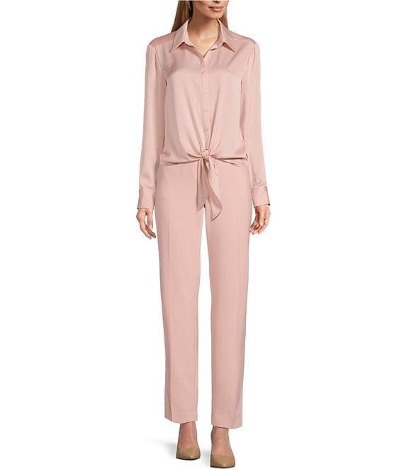 Preston & York Kinsley Tie Front Hem Button Front Collared Long Sleeve Shirt Product Image