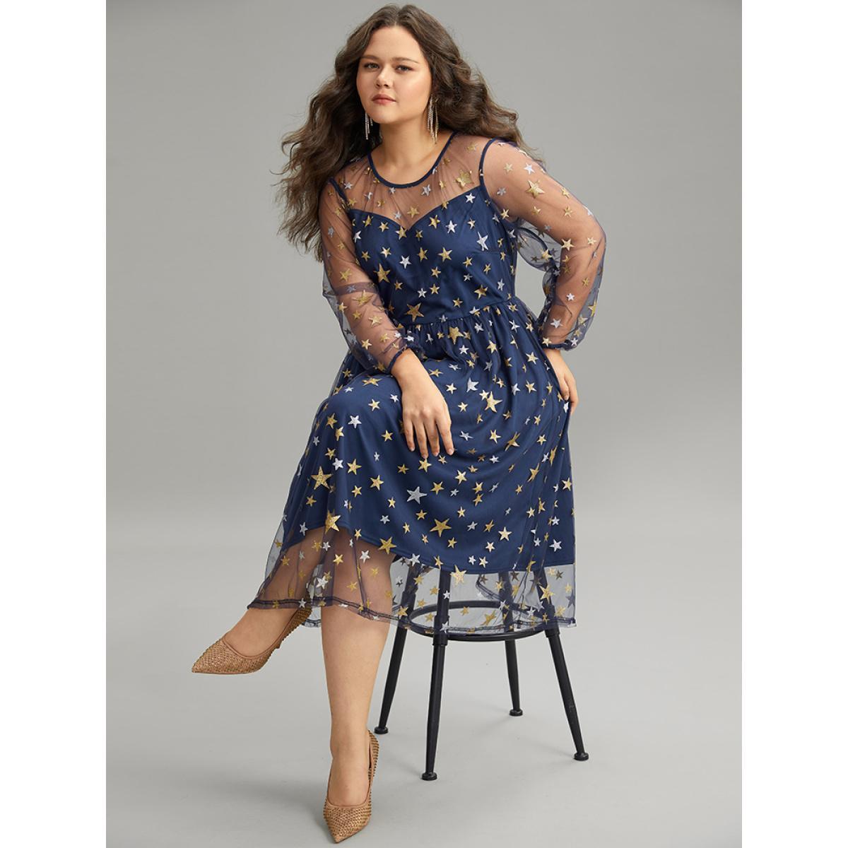 Plus Size Glitter Star Mesh Crew Neck Dress DarkBlue Women Cocktail Elastic cuffs Round Neck Long Sleeve Curvy Midi Dress BloomChic 14-16/1X Product Image
