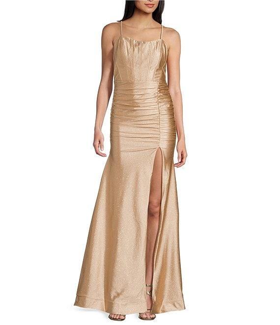 Honey and Rosie Glitter Knit Scoop Neck Spaghetti Strap Low Back Shirred Gown Product Image