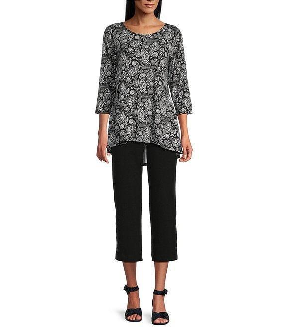Intro Knit Jersey Ebony Black Paisley 3/4 Sleeve Pleated Neck Tee Product Image