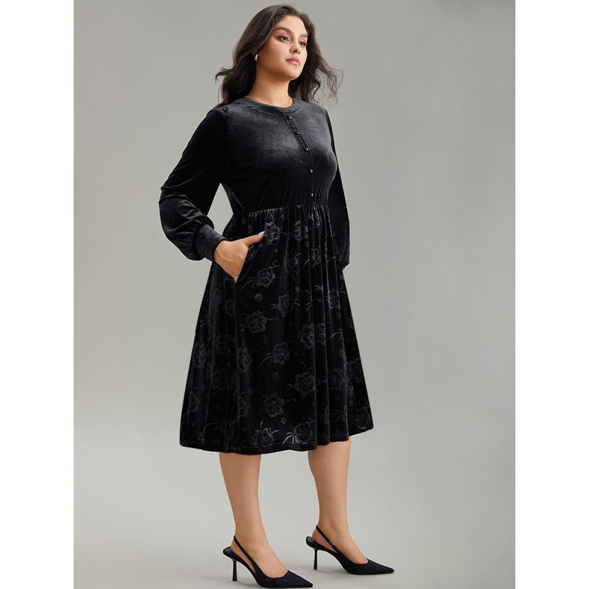 Plus Size Solid Velvet Button Detail Pocket Dress Black Women Office Plain Round Neck Long Sleeve Curvy Midi Dress BloomChic 22-24/3X Product Image