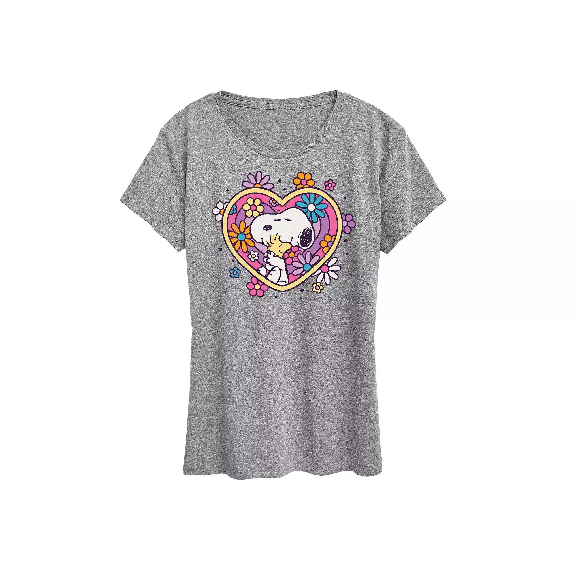 Womens Peanuts Snoopy & Woodstock Hug Heart Flower Graphic Tee, Girls Grey Gray Product Image