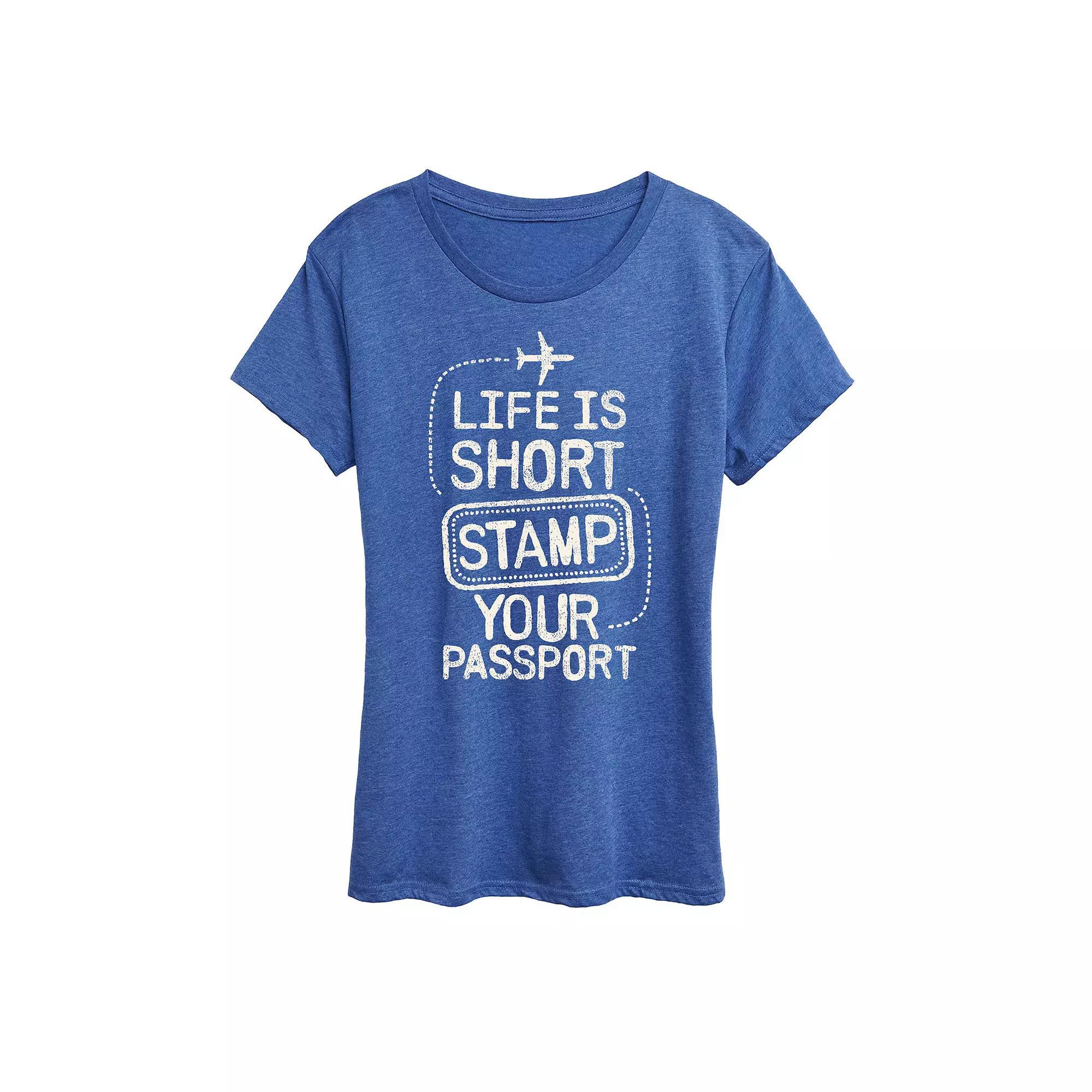 Women's Stamp Your Passport Graphic Tee, Size: Small, Grey Royal Blue Product Image
