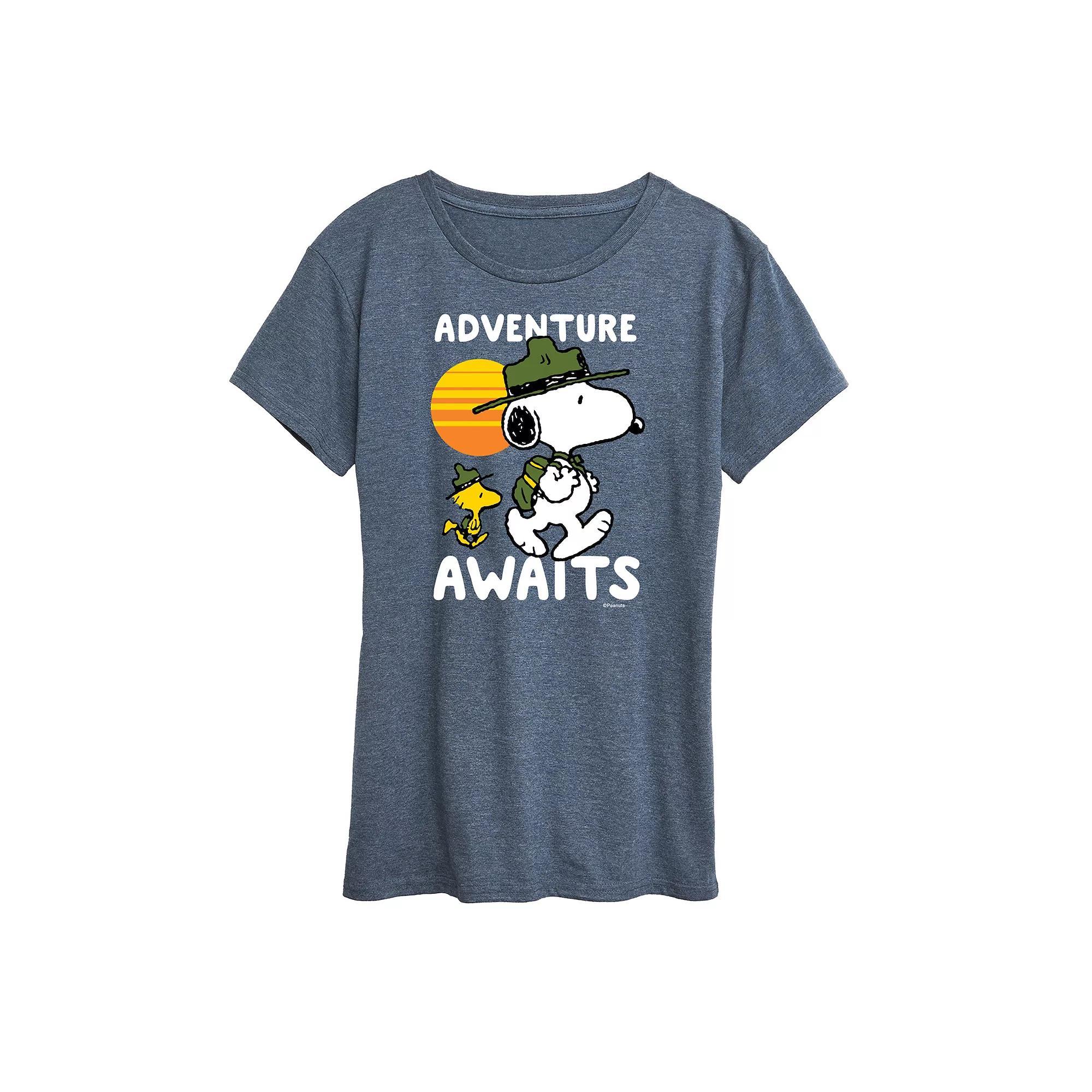 Womens Peanuts Snoopy & Woodstock Adventure Awaits Graphic Tee Grey Blue Product Image
