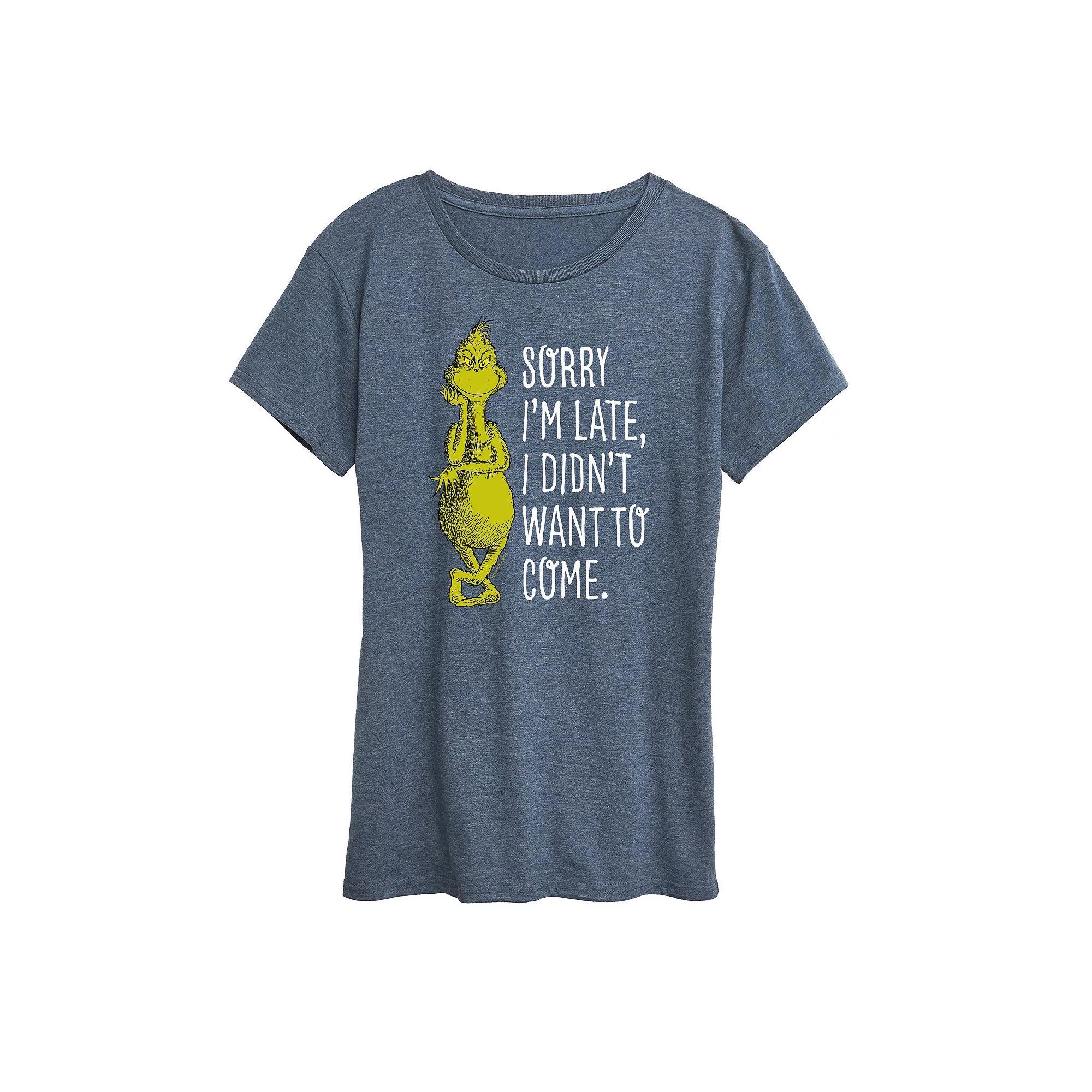 Women's Dr. Seuss The Grinch Sorry I'm Late Graphic Tee, Girl's, Size: Medium, Grey Dark Red Product Image