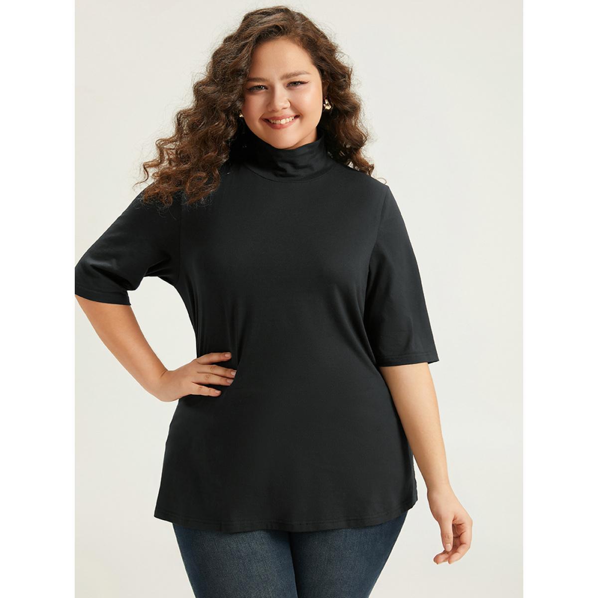 Plus Size Cotton Plain Basic Turtleneck T-shirt Black Women Elegant Plain Plain Turtleneck Dailywear T-shirts BloomChic 26/4X Product Image
