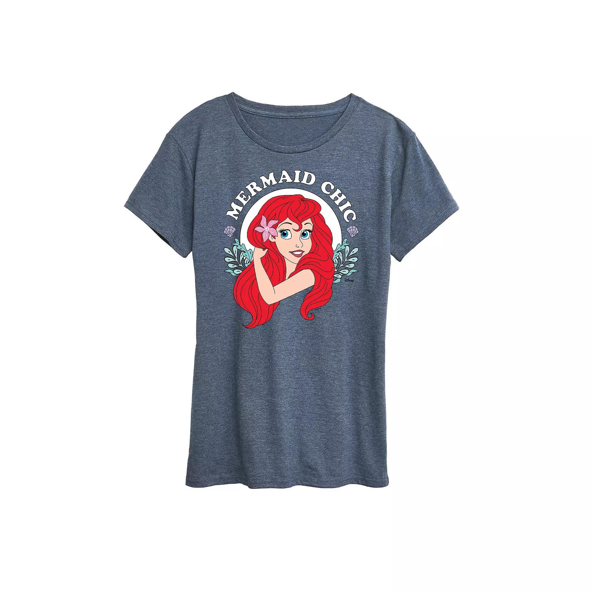 Disney Princess Ariel Womens Mermaid Chic Graphic Tee, Girls Grey Royal Blue Product Image
