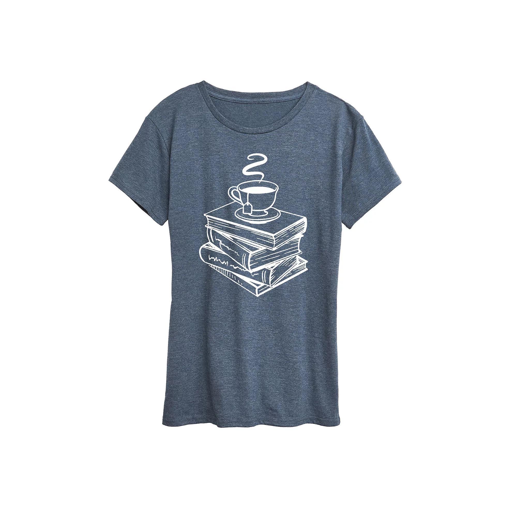 Womens Tea And Stacked Books Graphic Tee, Girls Grey Blue Product Image