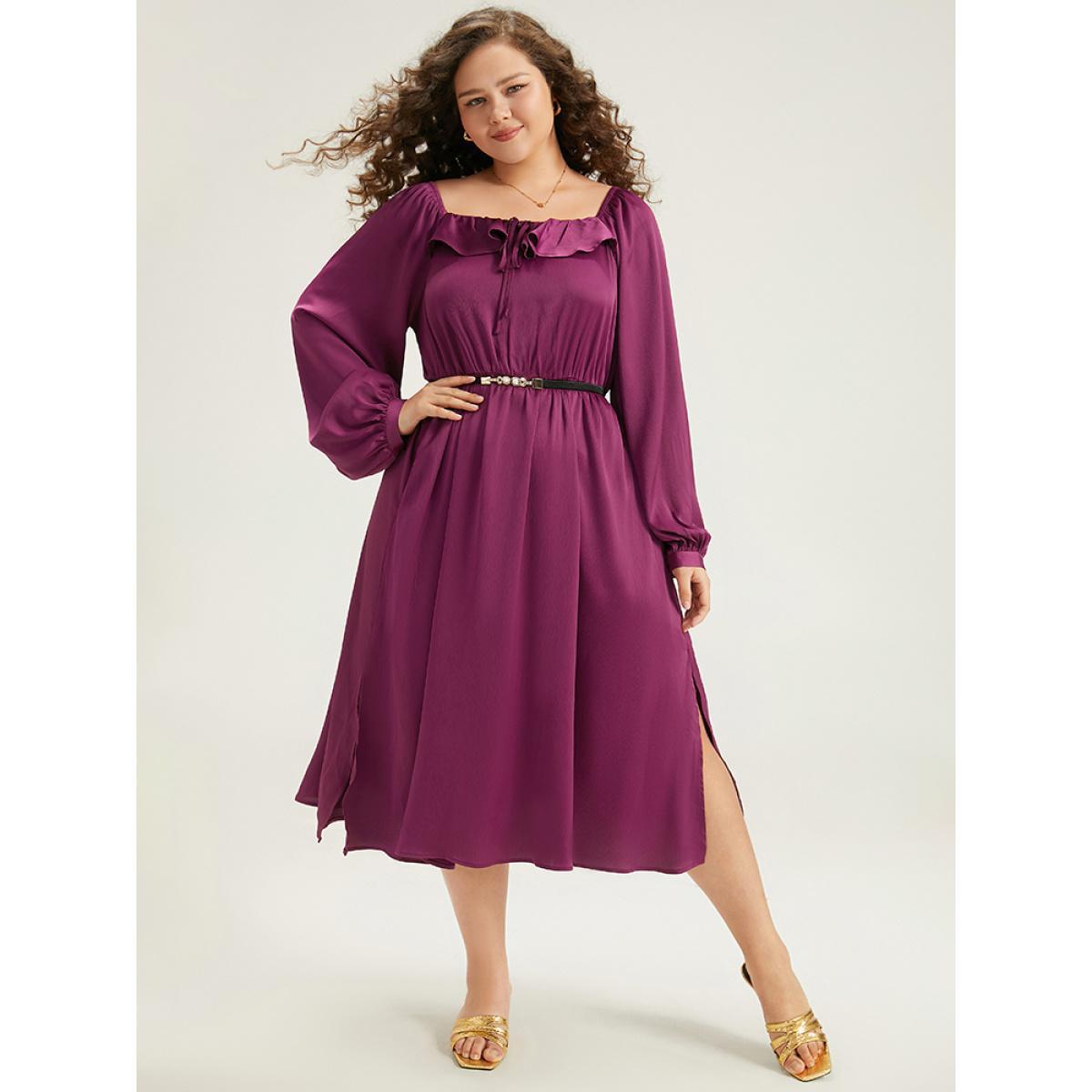 Plus Size Plain Flutter Trim Ties Split Side Dress Purple Women Elegant Gathered Square Neck Long Sleeve Curvy Midi Dress BloomChic 18-20/2X Product Image