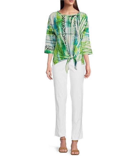Ali Miles Textured Knit Eyelet Abstract Leopard Scoop Neck 3/4 Dolman Sleeve Top Product Image