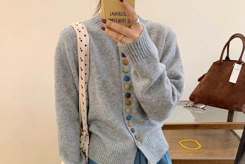 Crew Neck Plain Button-Up Slit Cardigan Product Image
