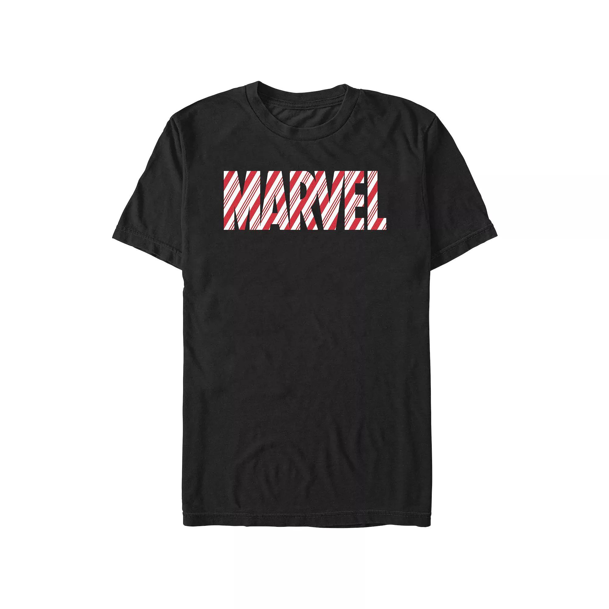 Men's Marvel Candy Cane Print Logo Graphic Tee, Size: Medium, Black Product Image