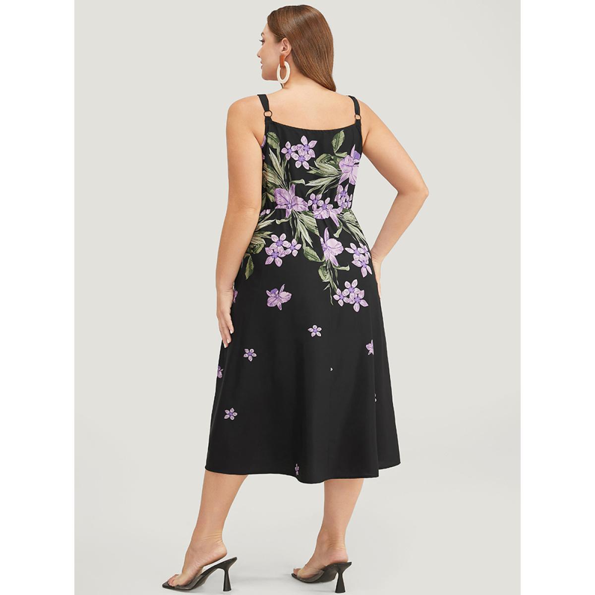 Plus Size Floral Pocket Adjustable Straps Ruffle Hem Cami Dress Black Women Elegant Adjustable Straps Spaghetti Strap Sleeveless Curvy Midi Dress BloomChic 12/L Product Image