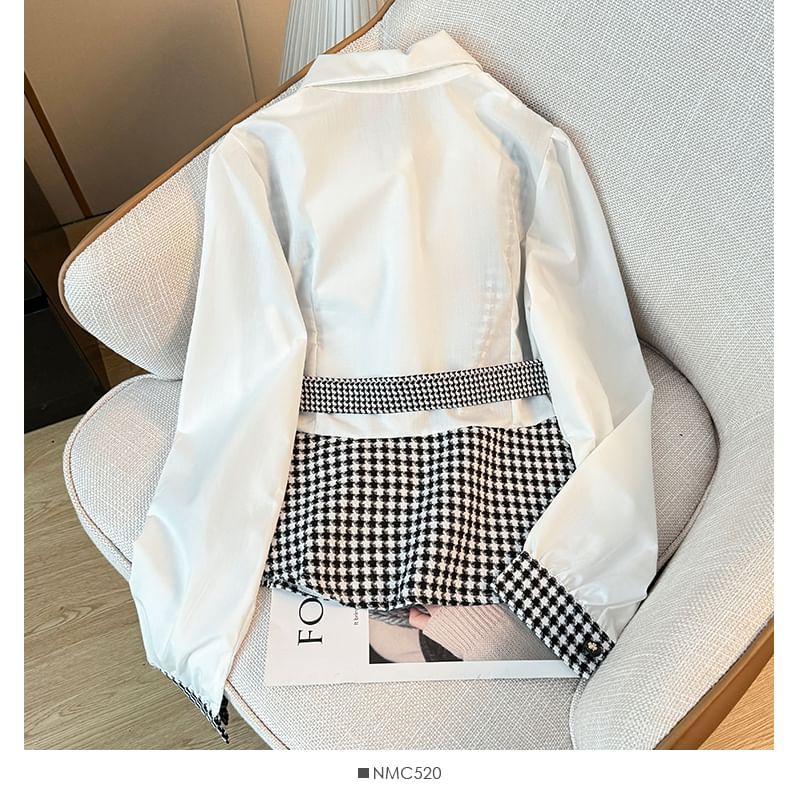 Long-Sleeve Collared Houndstooth Belted Panel Shirt Product Image