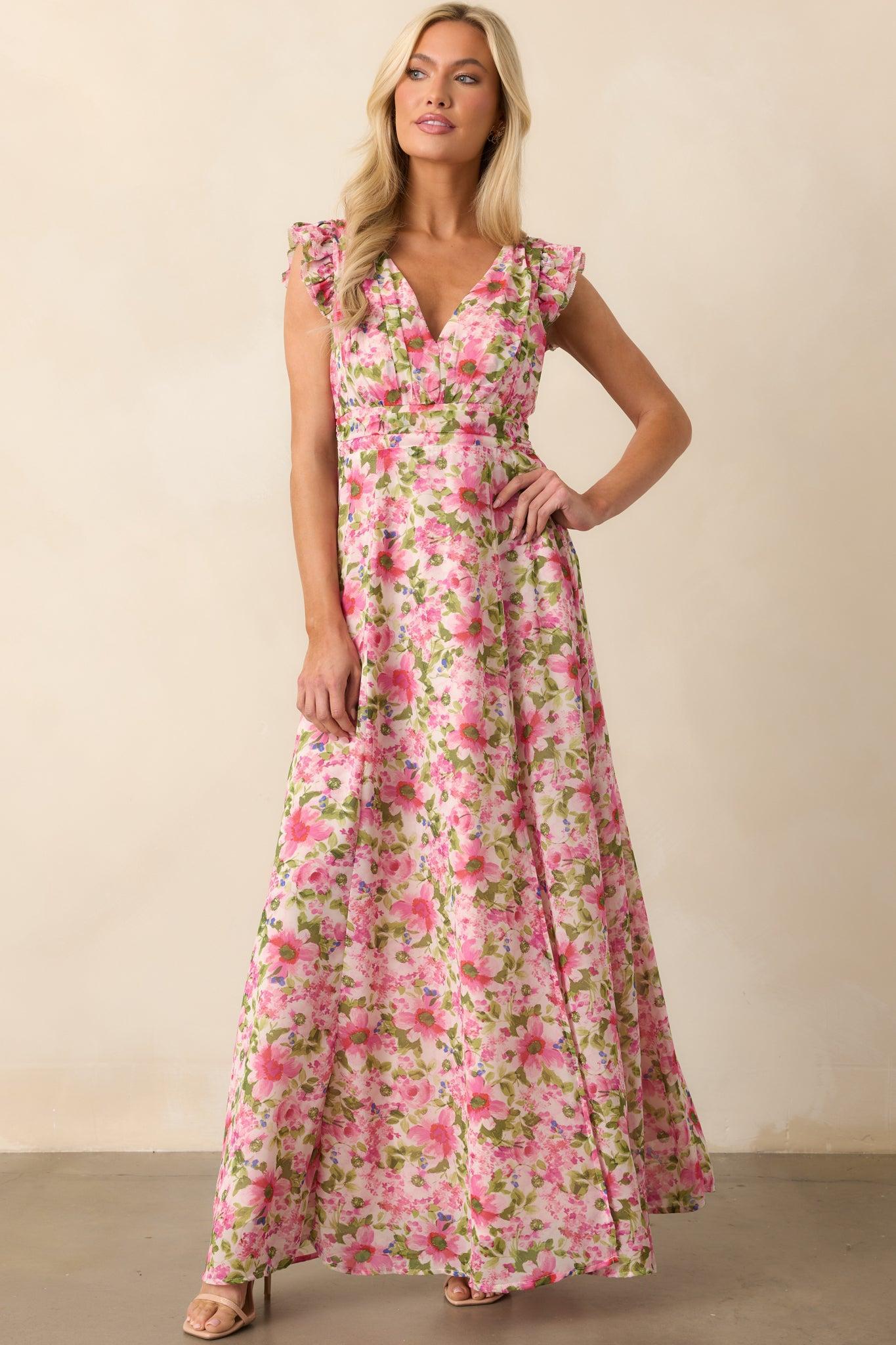 Dancing In The Sun Pink Floral Sleeveless Maxi Dress Product Image