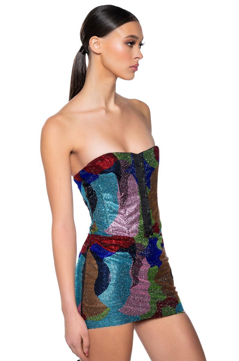WORK OF ART RHINESTONE MINI DRESS IN MULTI Product Image