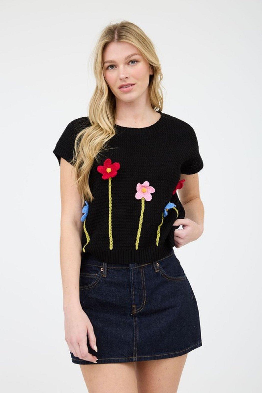 Crochet Floral Short Sleeve Sweater Top Product Image