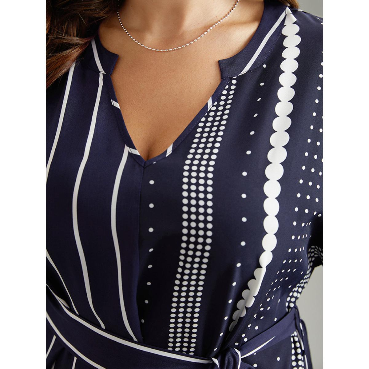 Plus Size Striped Patchwork Polka Dot Belted Notched Dress DarkBlue Women Office Belted Notched collar Elbow-length sleeve Curvy Midi Dress BloomChic 10/M Product Image