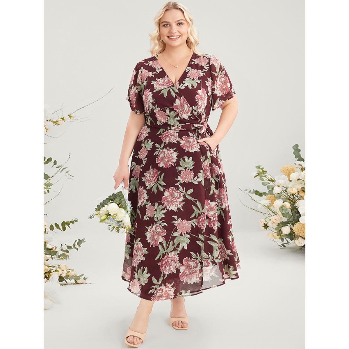 Plus Size Floral Print Belted Surplice Neck Flutter Pocket Maxi Dress Scarlet Women Elegant Wrap Overlap Collar Short sleeve Curvy Long Dress BloomChic 10/M Product Image