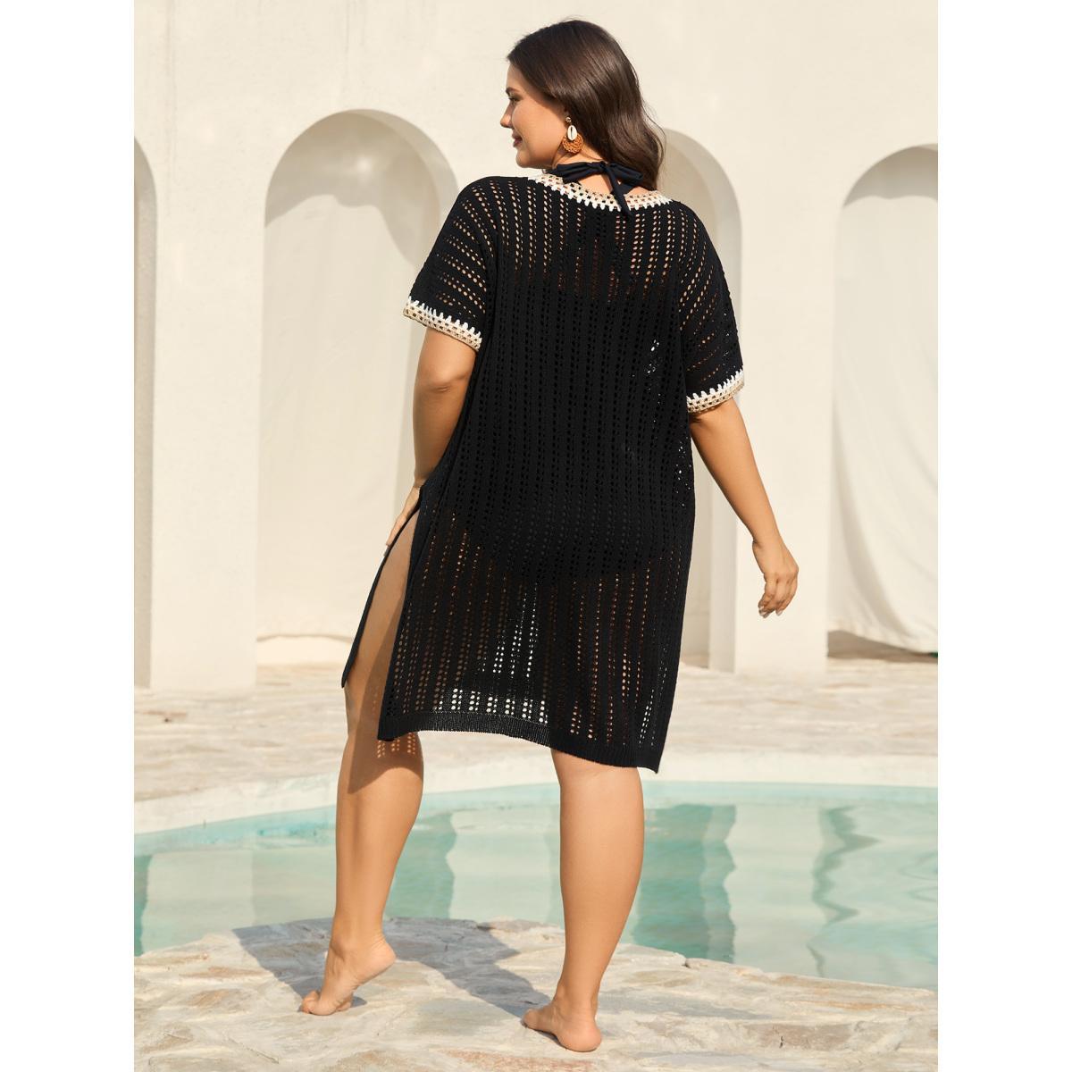 Plus Size Crochet Floral Embroidery Slit Swim Cover-Up Women's Swimwear Black Beach Loose Texture Curve Swim Cover Ups BloomChic 18-20/2X Product Image