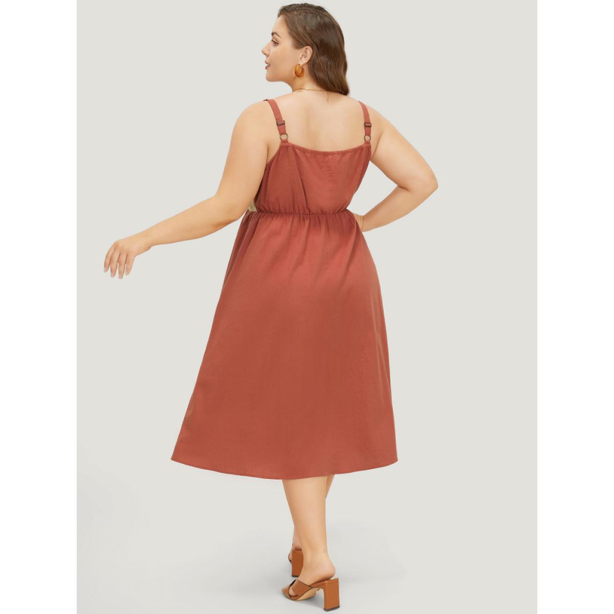 Plus Size Color Block Contrast Pocket Flutter Hem Knot Cami Dress Rust Women Casual Adjustable Straps Spaghetti Strap Sleeveless Curvy Midi Dress BloomChic 12/L Product Image