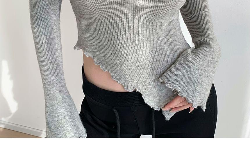 Plain Lettuce Edge Asymmetrical Ribbed Cropped Sweater Product Image