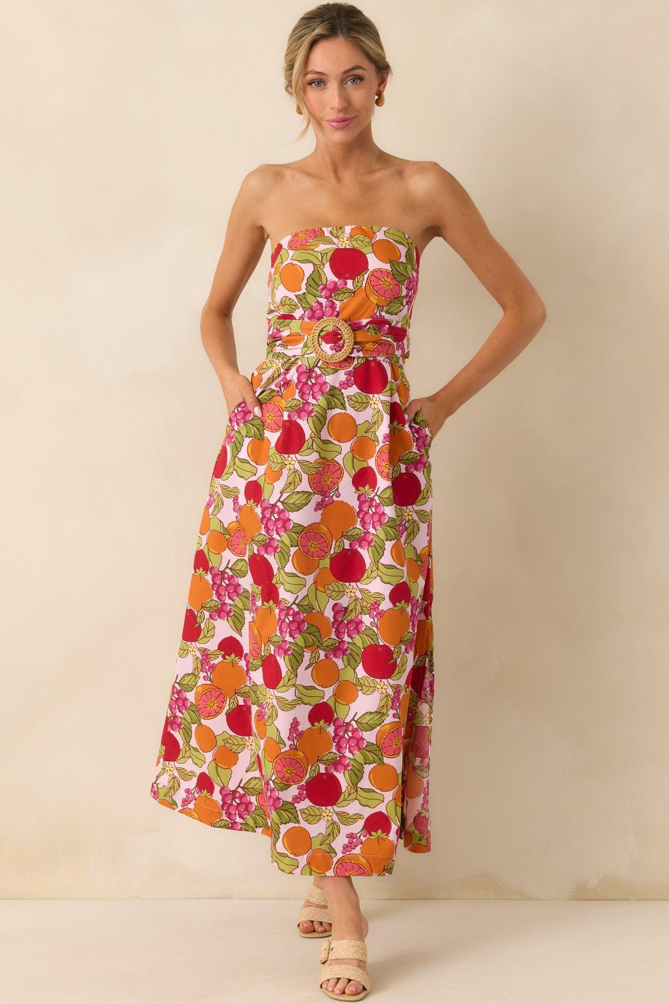 Sweetness To Spare Pink Fruit Print Cotton Strapless Maxi Dress Product Image