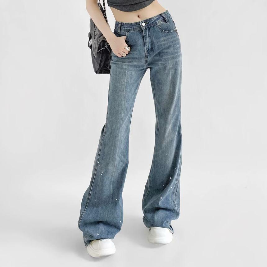 Mid Rise Washed Rhinestone Ripped Flared Jeans Product Image