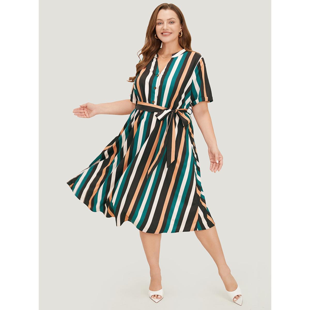 Plus Size Striped Contrast Button Detail Belt Pocket Notched Dress Multicolor Women Office Belted Notched collar Short sleeve Curvy Midi Dress BloomChic 18-20/2X Product Image