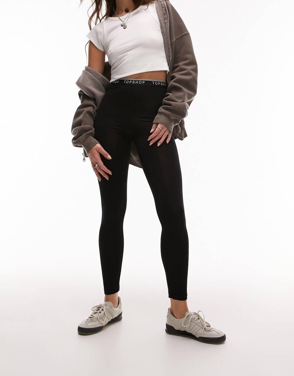 Topshop branded elasticized leggings in black Product Image