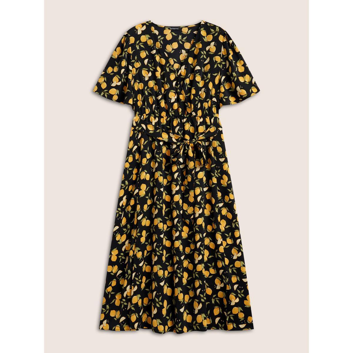 Plus Size Citrus Lemons Print Belted Surplice Neck Split Side Dress BlackFlower Women Elegant Non Overlap Collar Short sleeve Curvy Midi Dress BloomChic 18-20/2X Product Image