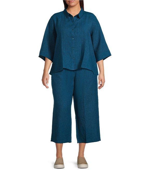 Eileen Fisher Plus Size Washed Organic Linen Point Collar 3/4 Sleeve Button Front Shirt Product Image