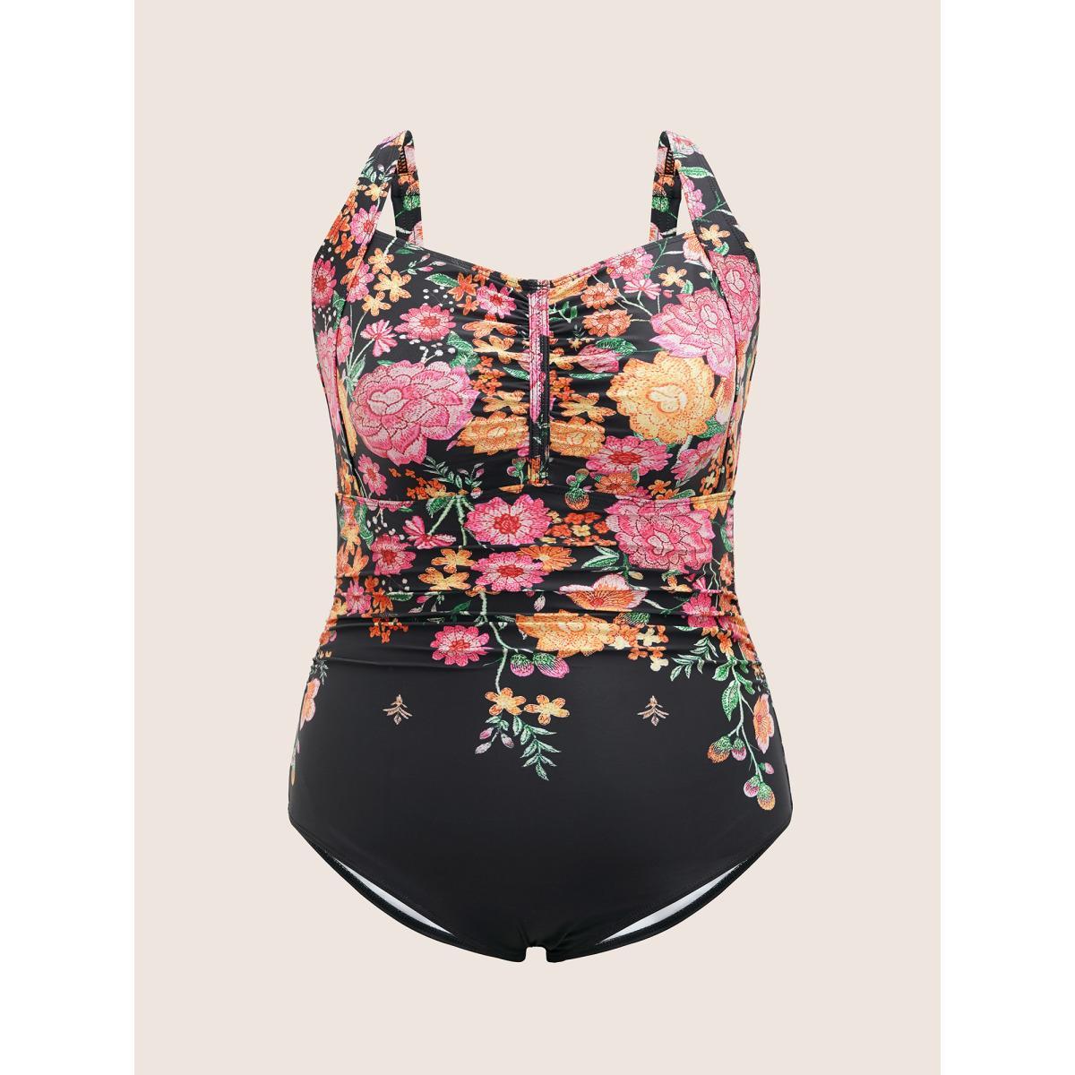 Plus Size Floral Heart Neckline Tucked Seam Ruched One Piece Swimsuit Women's Swimwear Black Beach Tucked seam Curve Bathing Suits High stretch One Pieces BloomChic 26/4X Product Image