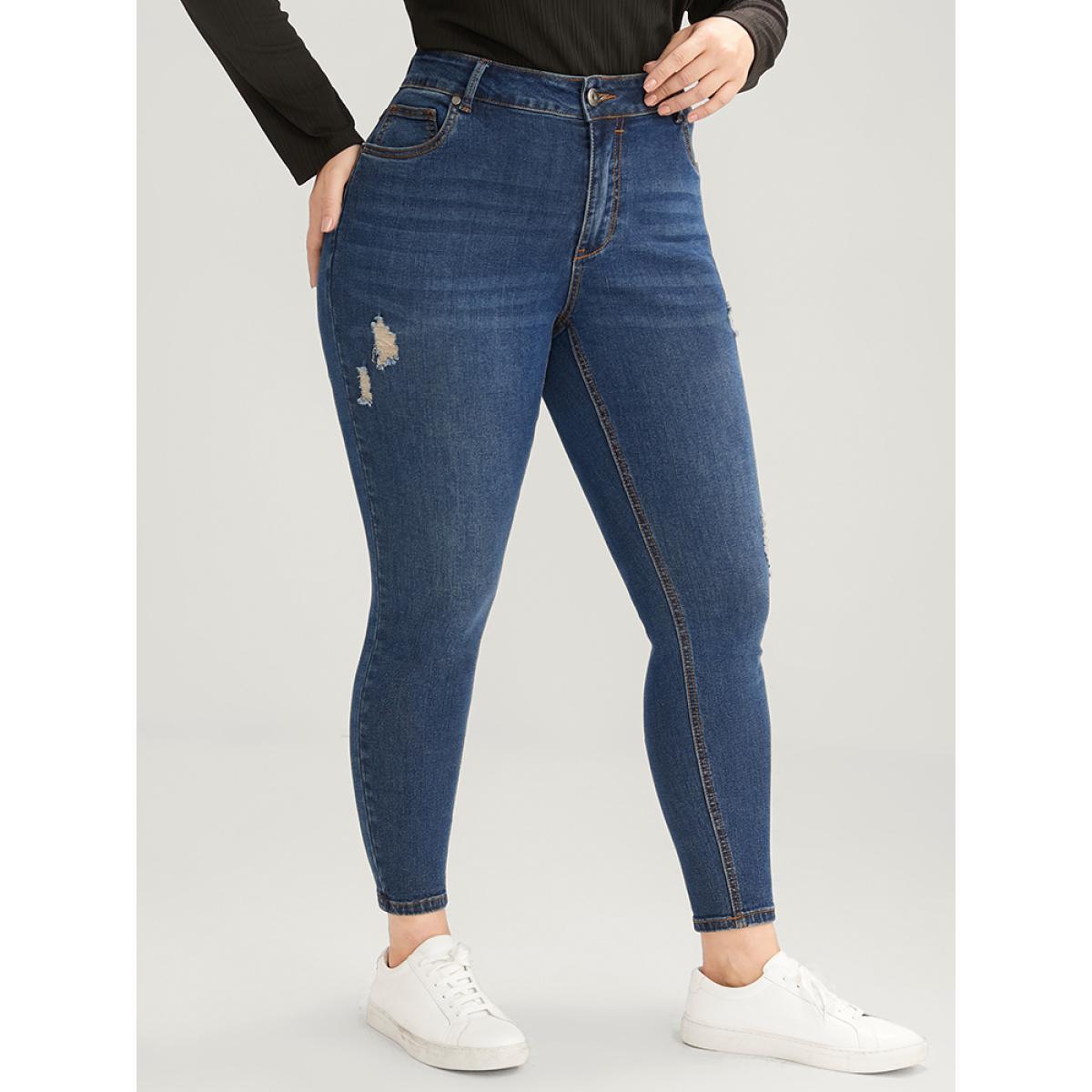 Plus Size Skinny Moderately Stretchy High Rise Dark Wash Distressed Ankle Jeans Women Indigo Casual Plain Zipper Medium stretch Pocket Jeans BloomChic 18/2X Product Image