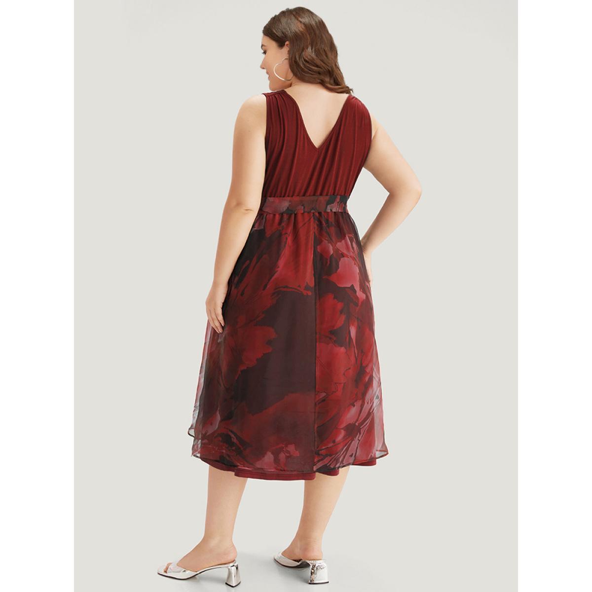 Plus Size Floral Print Belted Patchwork Pocket Tank Dress Burgundy Women Glamour Wrap Overlap Collar Sleeveless Curvy Midi Dress BloomChic 22-24/3X Product Image