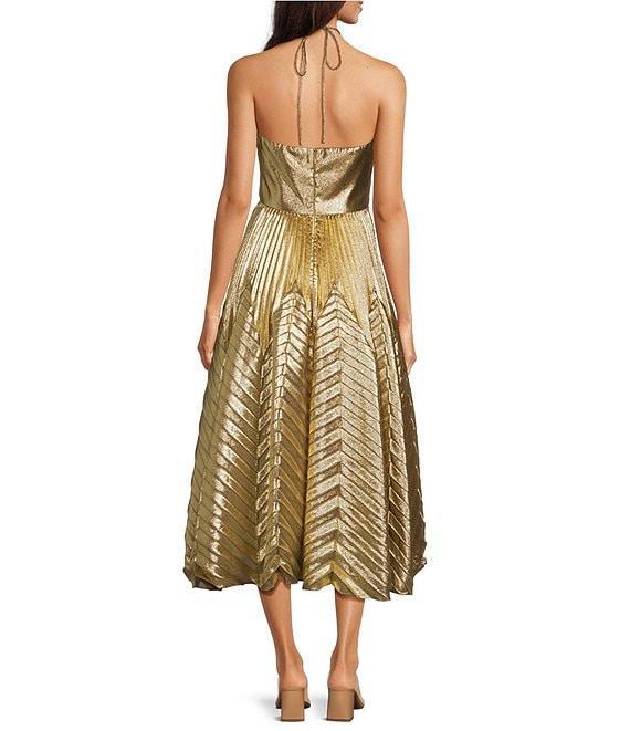 Alex Marie Olympia Woven Metallic Halter Sweetheart Neck Sleeveless Ruched Fit and Flare Flounce Midi Dress Product Image