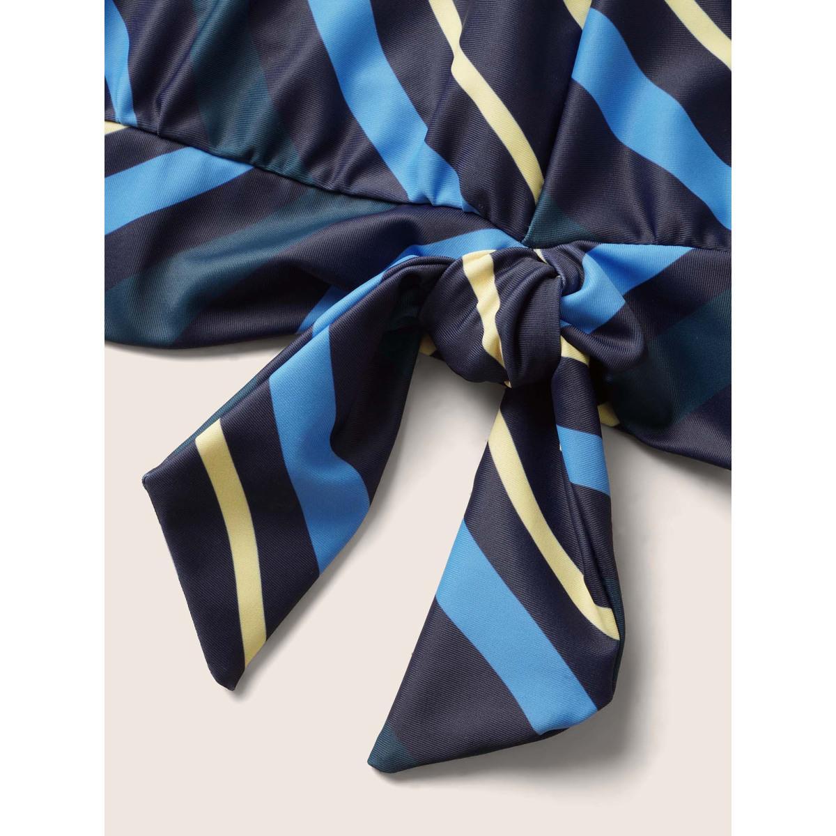Plus Size Striped Keyhole Tie Knot Swim Top Women's Swimwear Cerulean Beach Tie knot High stretch Bodycon Asymmetrical Neck Curve Swim Tops BloomChic 22-24/3X Product Image