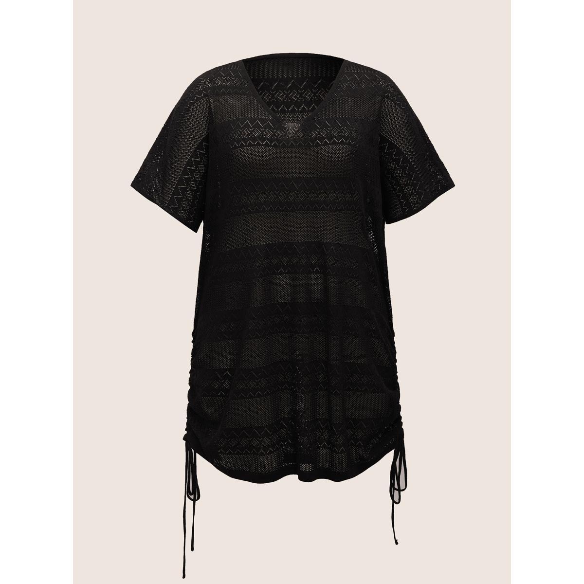 Plus Size Deep V Neck Cut Out Drawstring Swim Cover Up Women's Swimwear Black Beach Loose Cut-Out Curve Swim Cover Ups BloomChic 26/4X Product Image