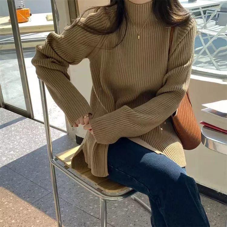 Mock Neck Plain Buttoned Slit Sweater Product Image